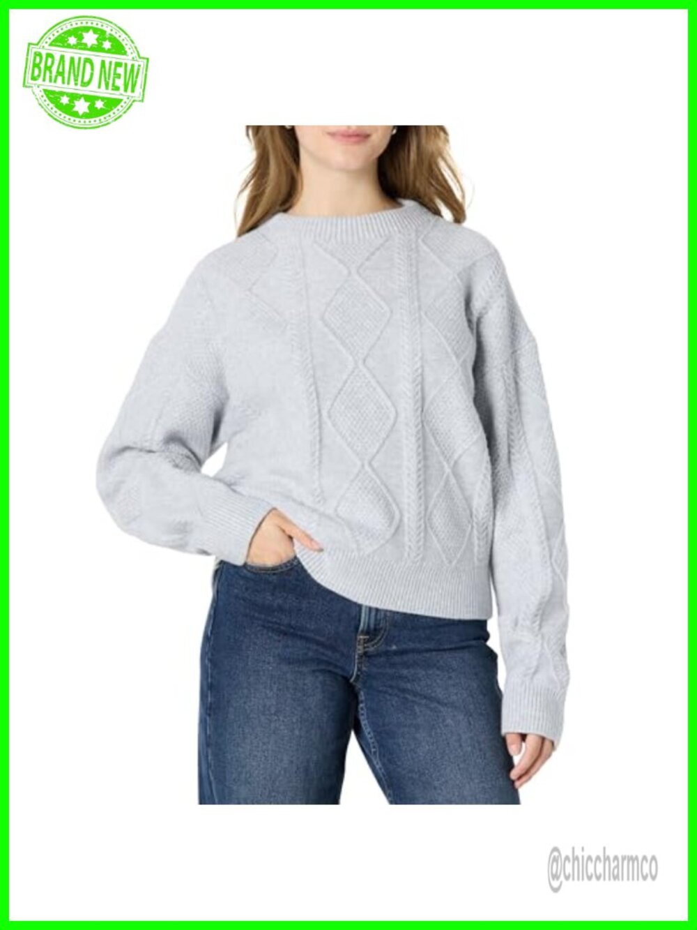 Relaxed Fit Cable Knit Crewneck Sweater Cotton Blend Mock Neck